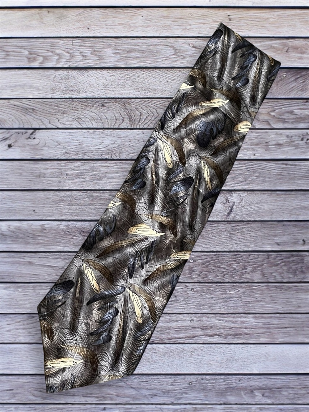 Vintage Abstract Feather Print 100% Silk Tie in Brown, blue & tan
